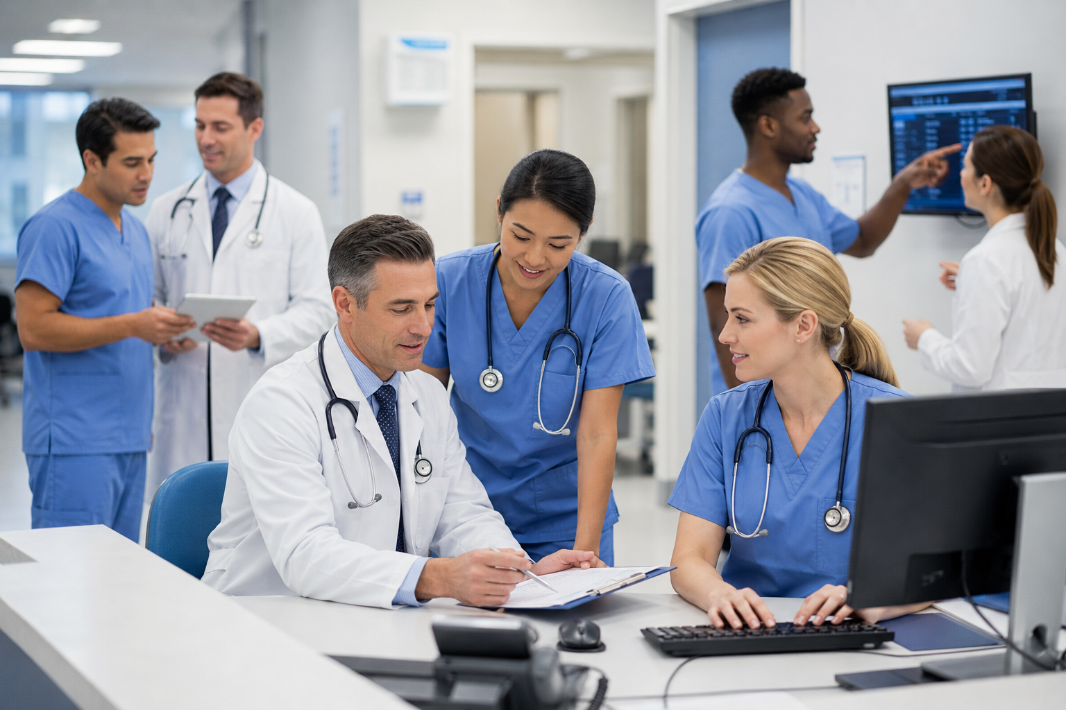 Clinicians coordinating care in a hospital workspace